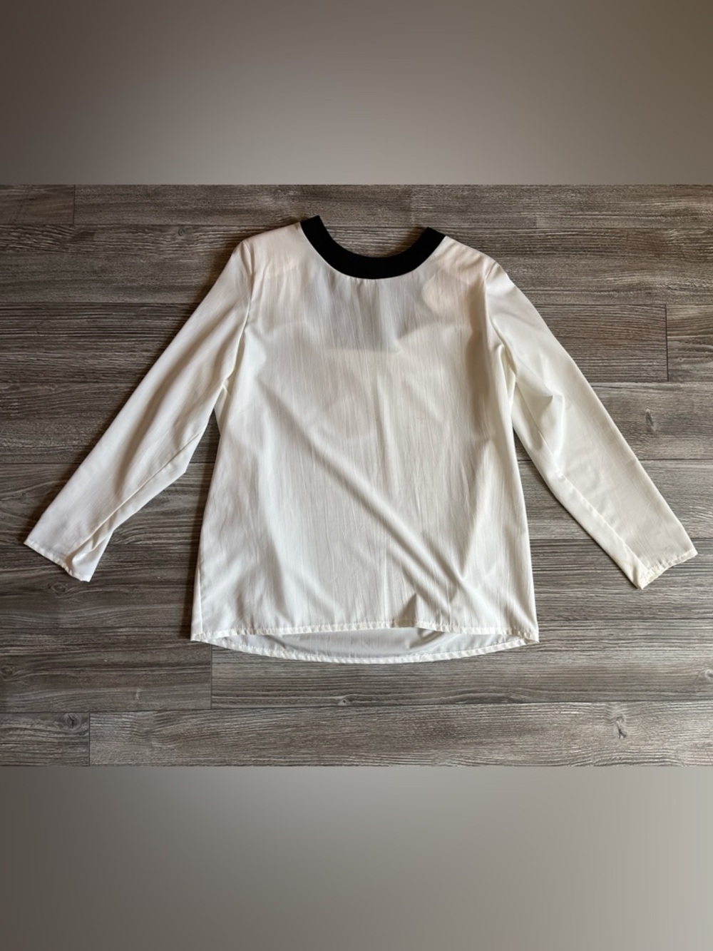 Women's White Long-Sleeve Blouse with Black Contrast Neck